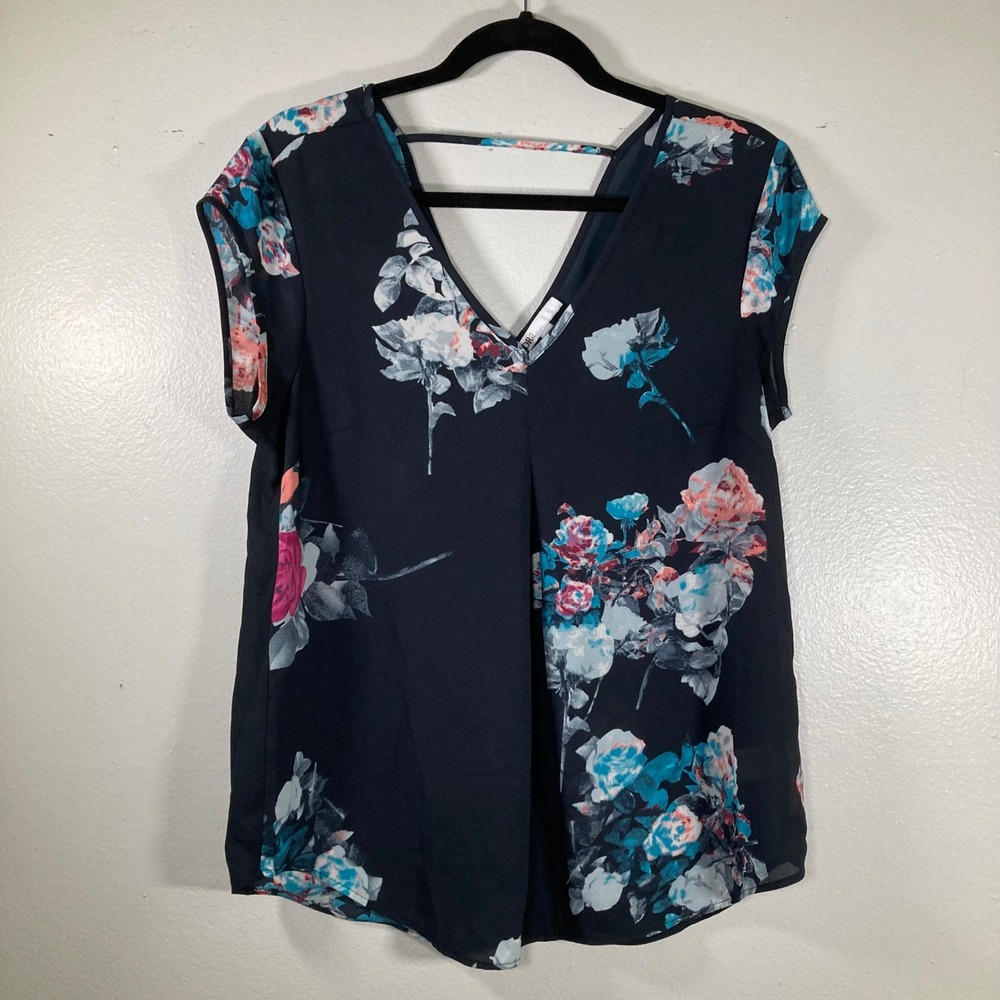 DR2 Women Floral V-Neck Cap Sleeve Strappy Back Blouse Navy ZDR14941PR1 Size S